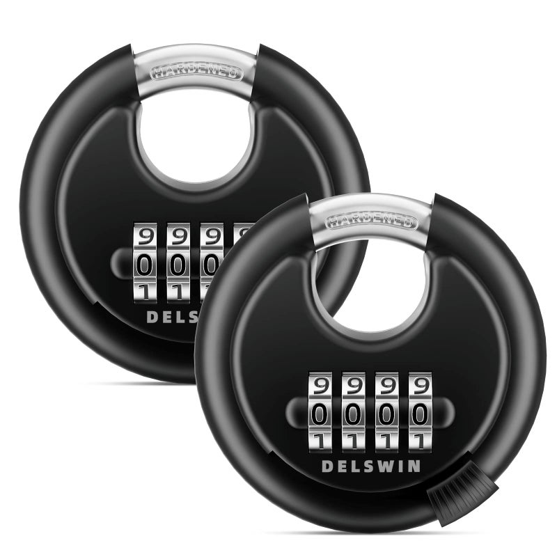 DELSWIN 4-Digit Disc Combination Lock Outdoor - Heavy Duty Combination Padlocks with Hardened Steel Shackle Weatherproof Combo Locks for Gates,Sheds,Fence,Storage Unit (3/8" Shackle, Black,2 Pcs) - Image 1